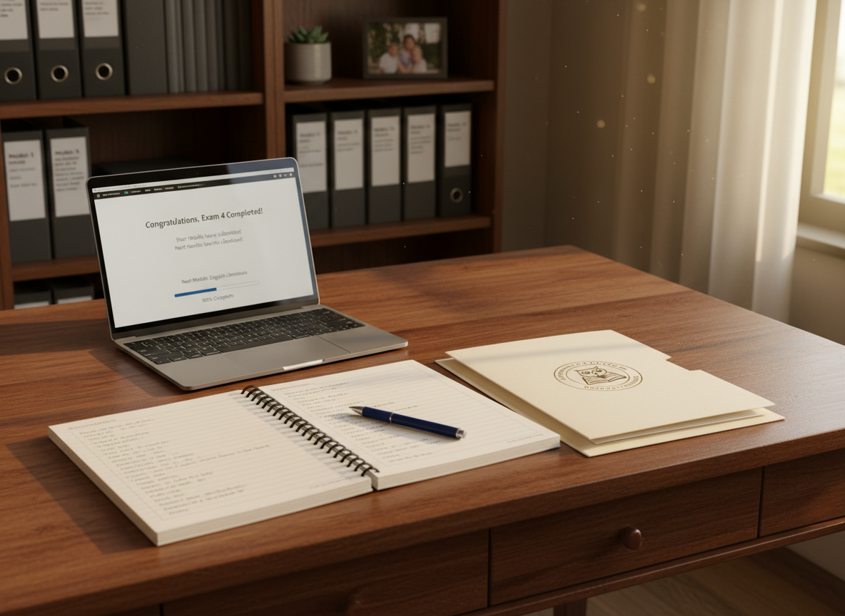 An aspirational study corner for adult learners returning to finish high school, featuring a sturdy dark-wood desk with a slightly worn but well-kept surface, an open notebook filled with carefully written Spanish notes, and a slim laptop displaying a completed online exam confirmation screen. Nearby, a printed certificate folder embossed with an elegant school emblem rests partially open, hinting at upcoming graduation. Warm, late-afternoon sunlight bathes the scene, casting long, soft shadows and creating a sense of accomplishment and hope. Photographic realism with a slightly elevated angle and shallow depth of field keeps the desk items in sharp focus, while the background shows a softly blurred bookshelf with labeled folders for each accelerated course module.