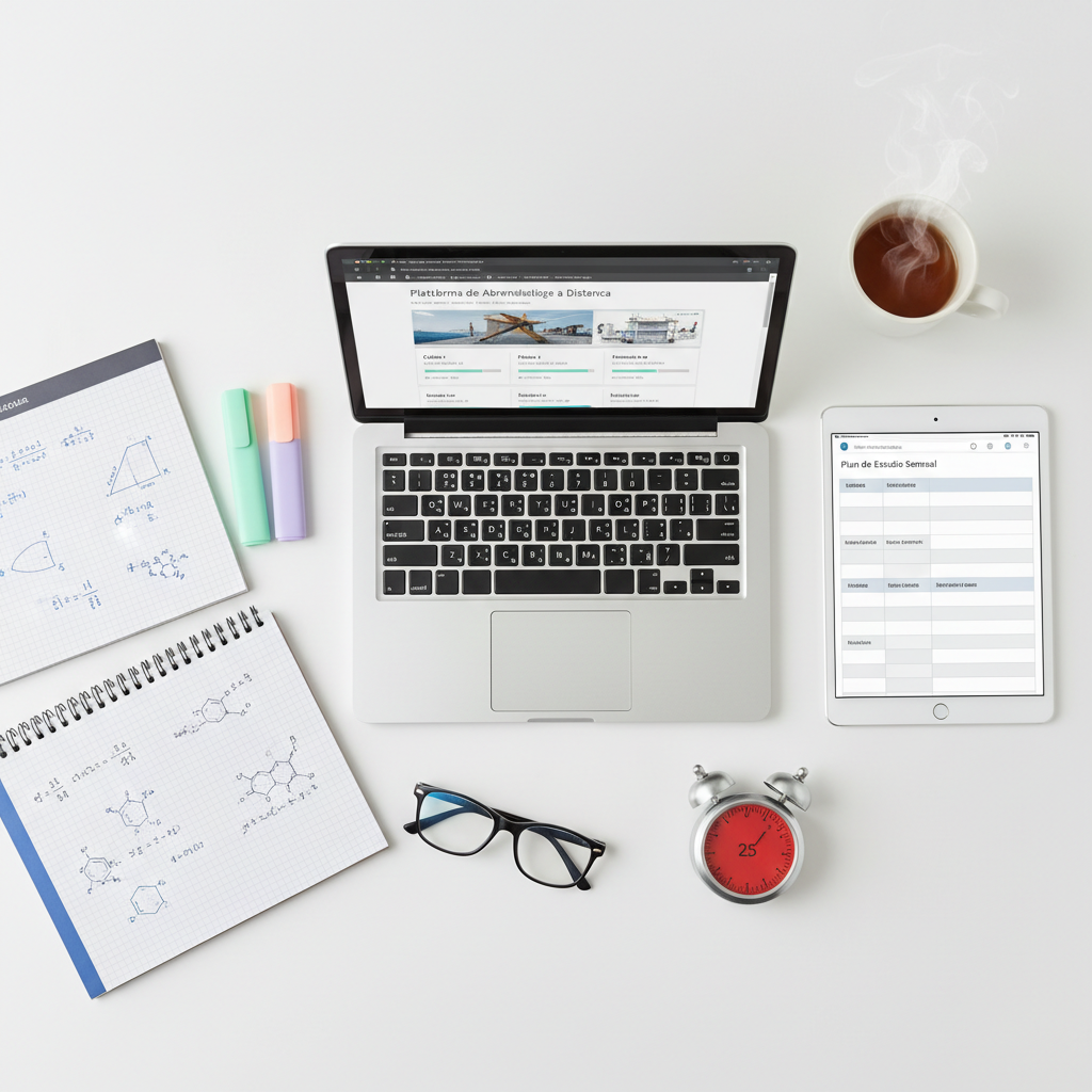 A detailed flat lay of distance education tools carefully arranged on a smooth white table: an open laptop showing an online learning platform dashboard in Spanish, spiral notebooks with neatly handwritten formulas and diagrams, highlighters in pastel colors, a digital tablet displaying a structured weekly study plan, and a small analog timer symbolizing accelerated learning sessions. Soft, diffused overhead lighting creates minimal shadows and a clean, modern look. The composition uses top-down photographic realism with balanced spacing and subtle pops of color, evoking a mood of organization, motivation, and self-discipline, ideal for representing flexible and structured academic progress for young and adult learners.