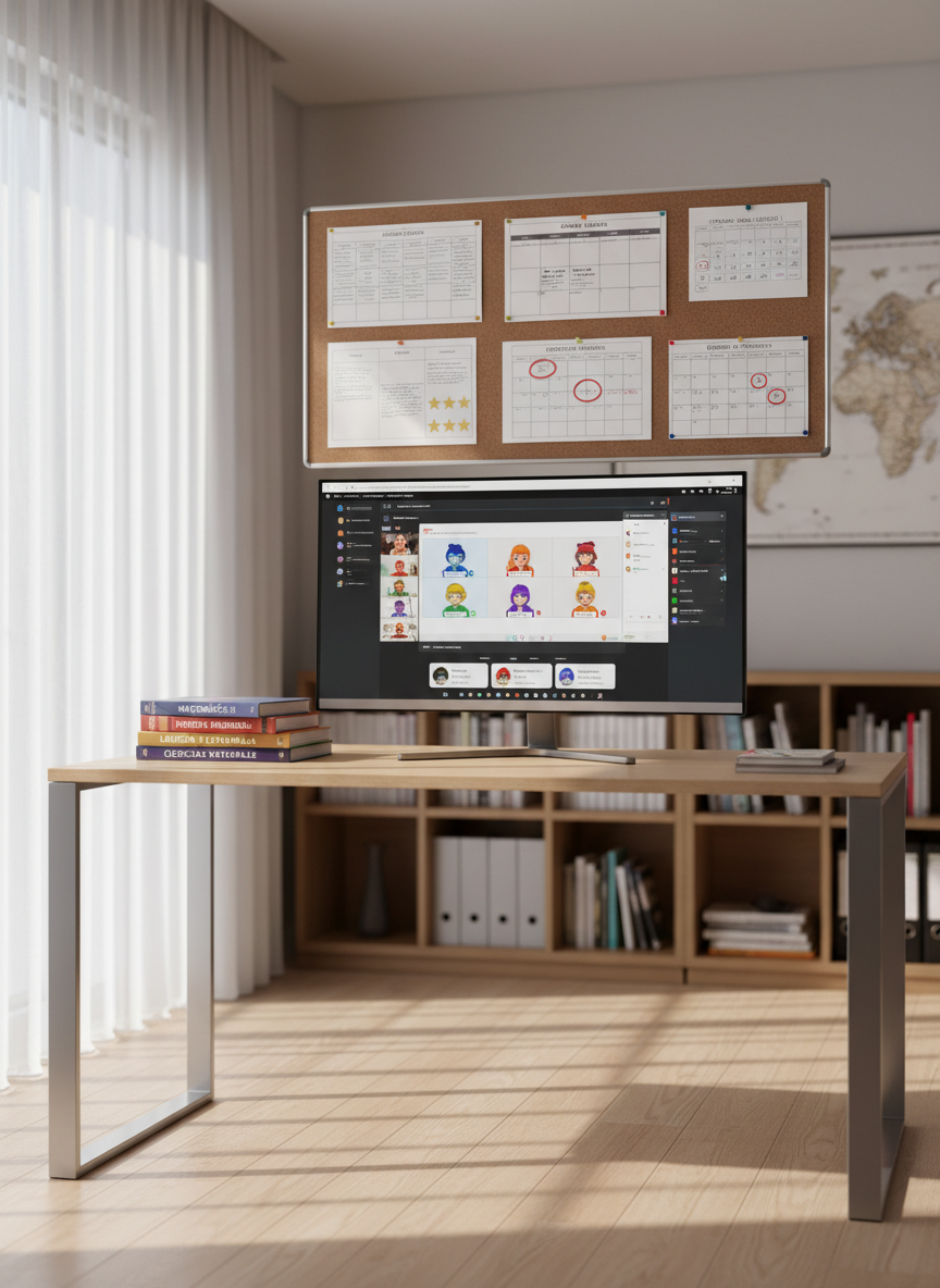A modern home study space dedicated to distance learning, featuring a sleek, light-wood desk with a thin metallic frame, a large ultra-thin monitor displaying a colorful virtual classroom interface, and neatly stacked textbooks labeled with high school subjects in Spanish. A corkboard above the desk holds printed schedules, achievement charts, and a calendar highlighting accelerated course milestones. Soft morning daylight enters through a nearby window with sheer white curtains, casting gentle shadows and creating a calm, focused atmosphere. Shot at eye level in photographic realism, with sharp focus on the workspace and a softly blurred background of organized bookshelves and a world map, the composition emphasizes order, autonomy, and academic discipline in a clean, contemporary setting.