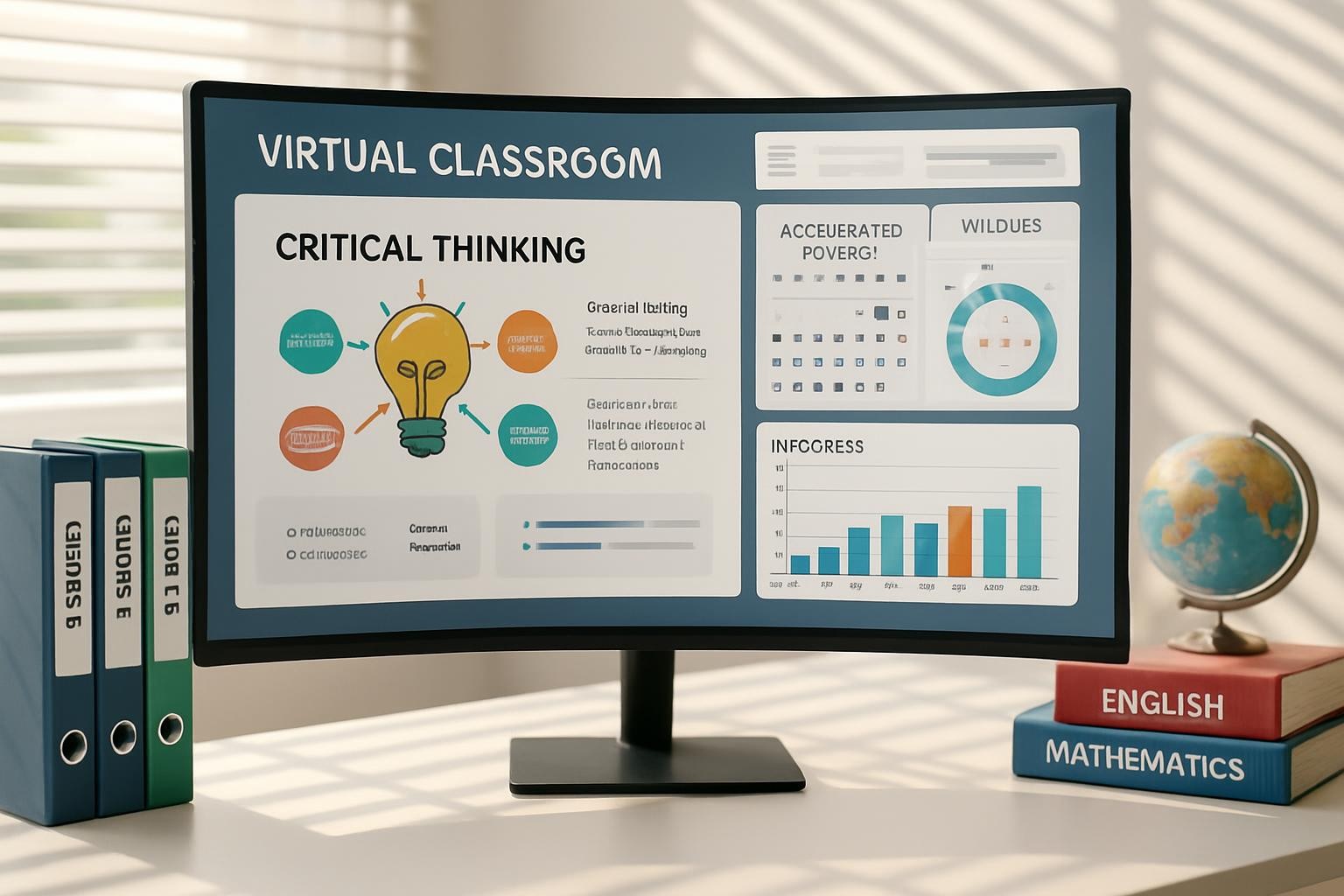 A bright virtual classroom concept represented on a large curved computer monitor placed on a minimalist white desk. The screen shows multiple neatly arranged windows: interactive slides about critical thinking, a calendar of accelerated modules, and a progress tracker with colorful graphs. Around the monitor sit labeled binders for different grades, reference books, and a small globe, emphasizing comprehensive academic formation. Afternoon natural light filters through blinds, creating linear patterns on the desk surface. The atmosphere is dynamic yet orderly, with photographic realism and a slight depth of field that keeps the interface in crisp focus while softly blurring the background, symbolizing a high-quality, structured online colegio environment.